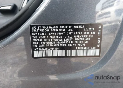 2020 Volkswagen Passat 2.0T Se z USA, uszkodzony, nr VIN 1VWSA7A36LC014136